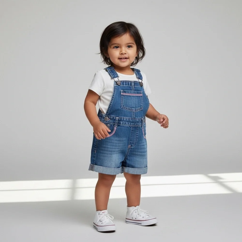 Genuine Kids OshKosh Girls 4T Blue Denim Rolled Cuff Pockets Bib‎ Short Overalls